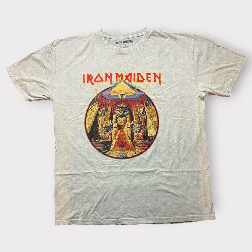 Iron Maiden Powerslave Graphic T-Shirt Mens Large Gray White Pigment Dye‎ NEW